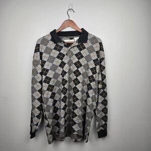 KnightsBridge‎ Argyle Long Sleeve Polo Shirt Black Gray Mens L Preppy Academia